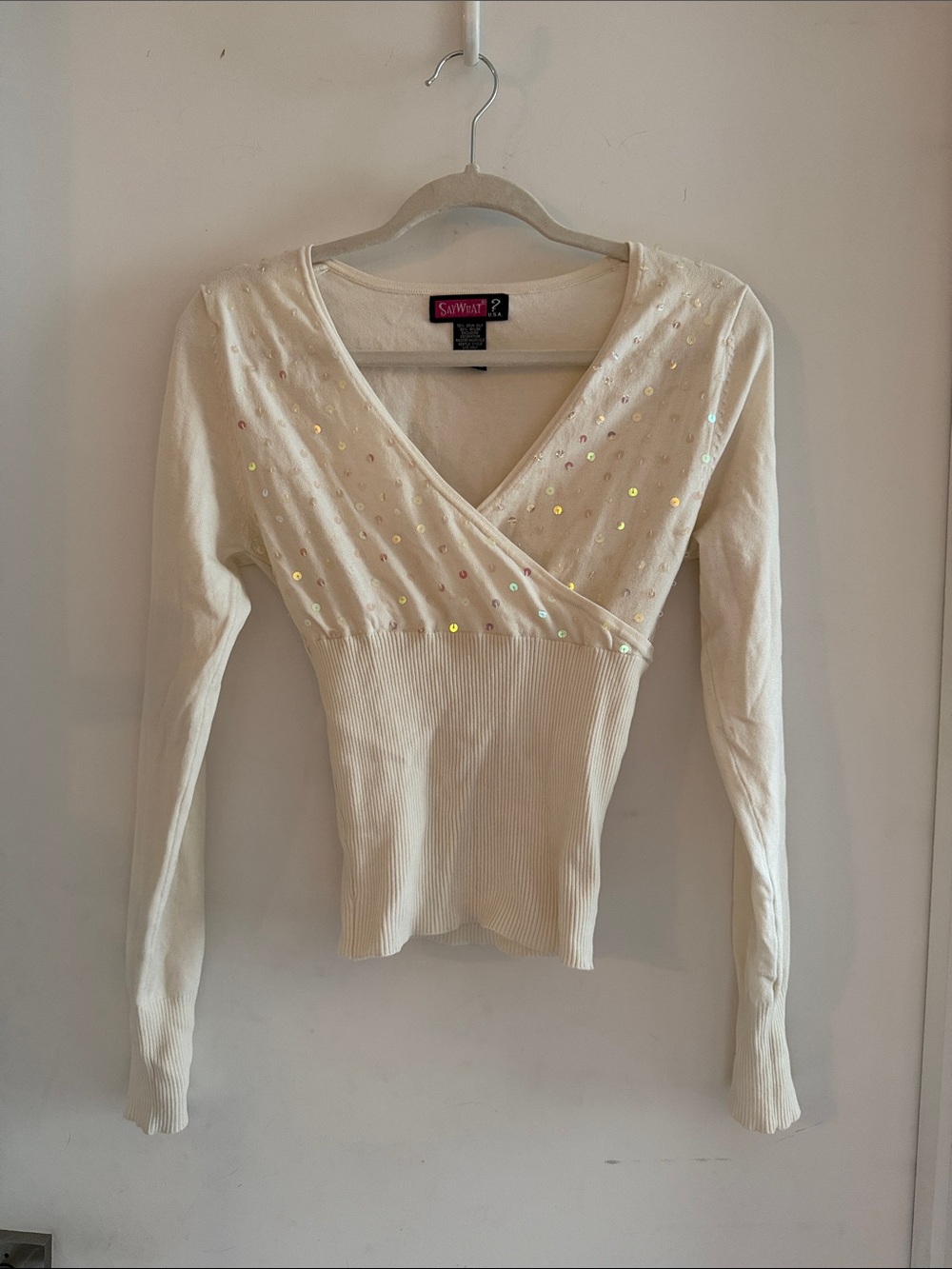 Vintage Y2K Sequin Knit Sweater Top M V-neck White Silk Surplice Ribbed Say What